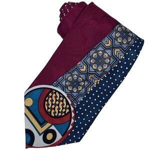 Vintage Botany 500 Necktie Tie Burgundy Blue Abstract Geometric 90s Art Deco